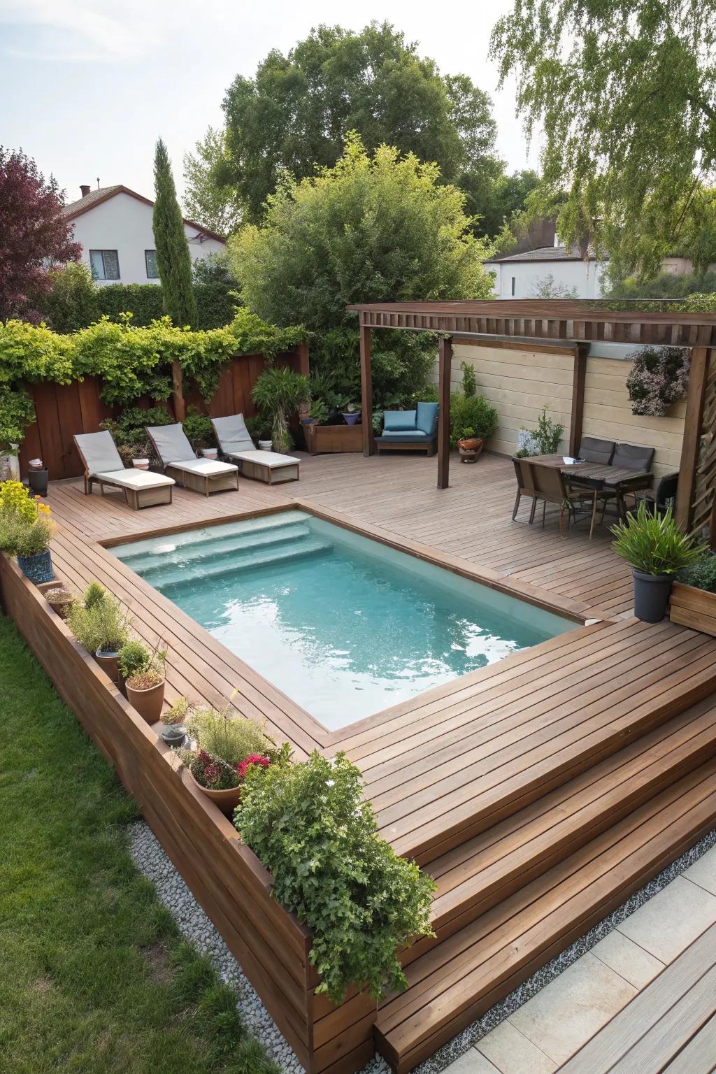 Multi-level decking provides distinct zones and visual interest around a small pool.