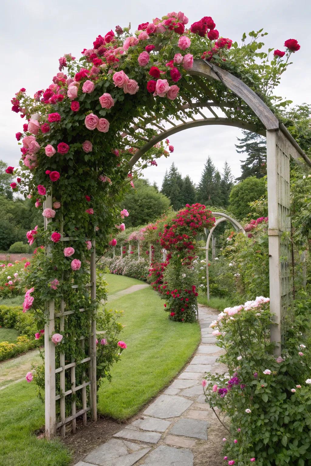 Climbing roses on arches add drama and vertical appeal to your garden.