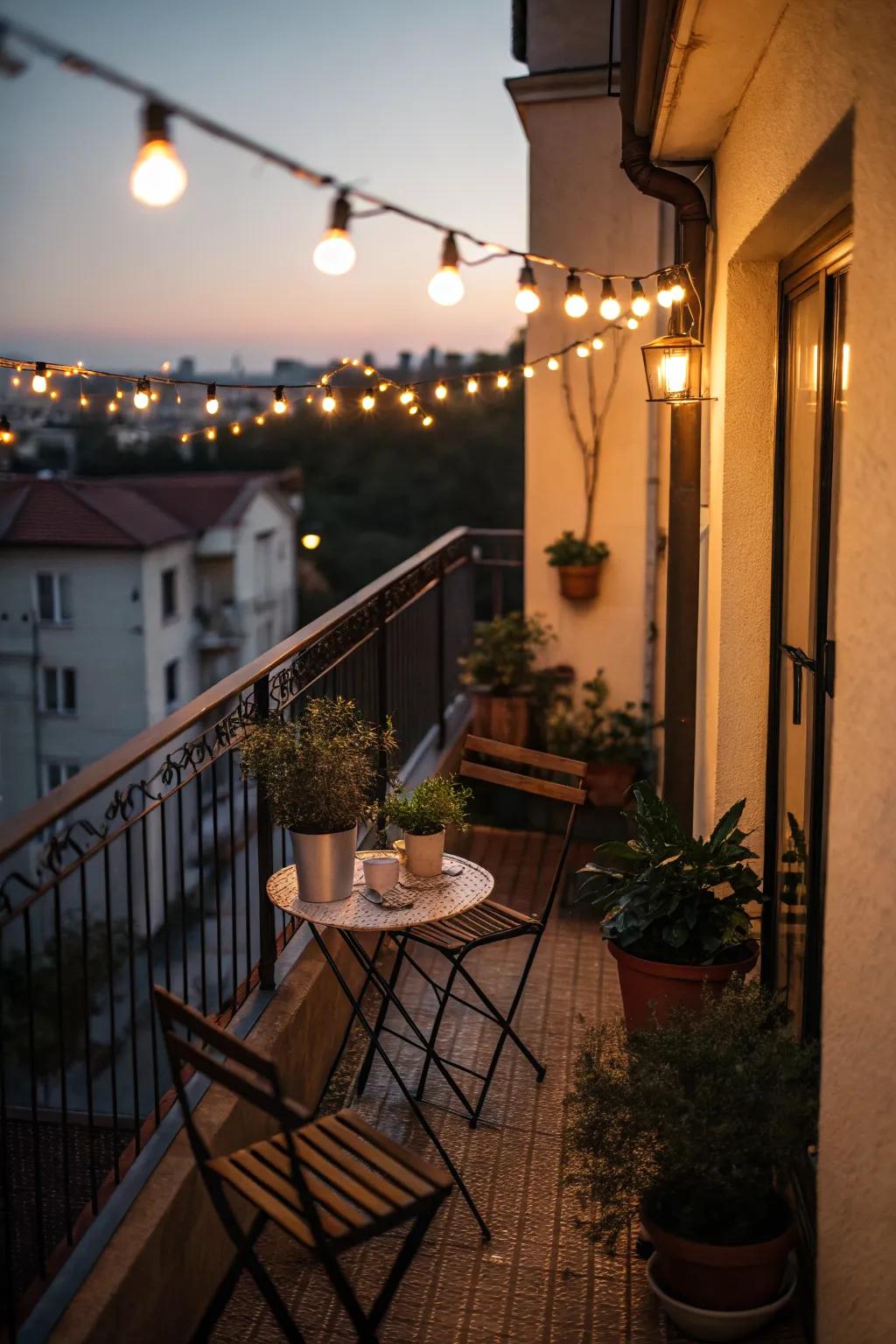 Set the mood with ambient string lighting on your balcony.