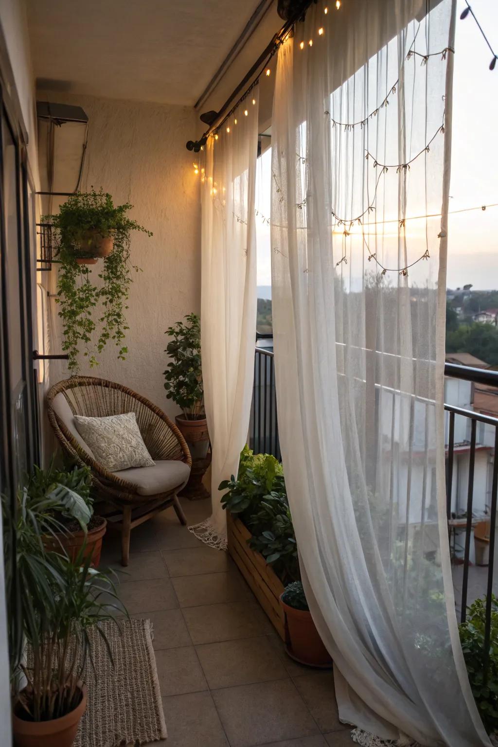 Sheer curtains bring a touch of romance and privacy to your balcony.