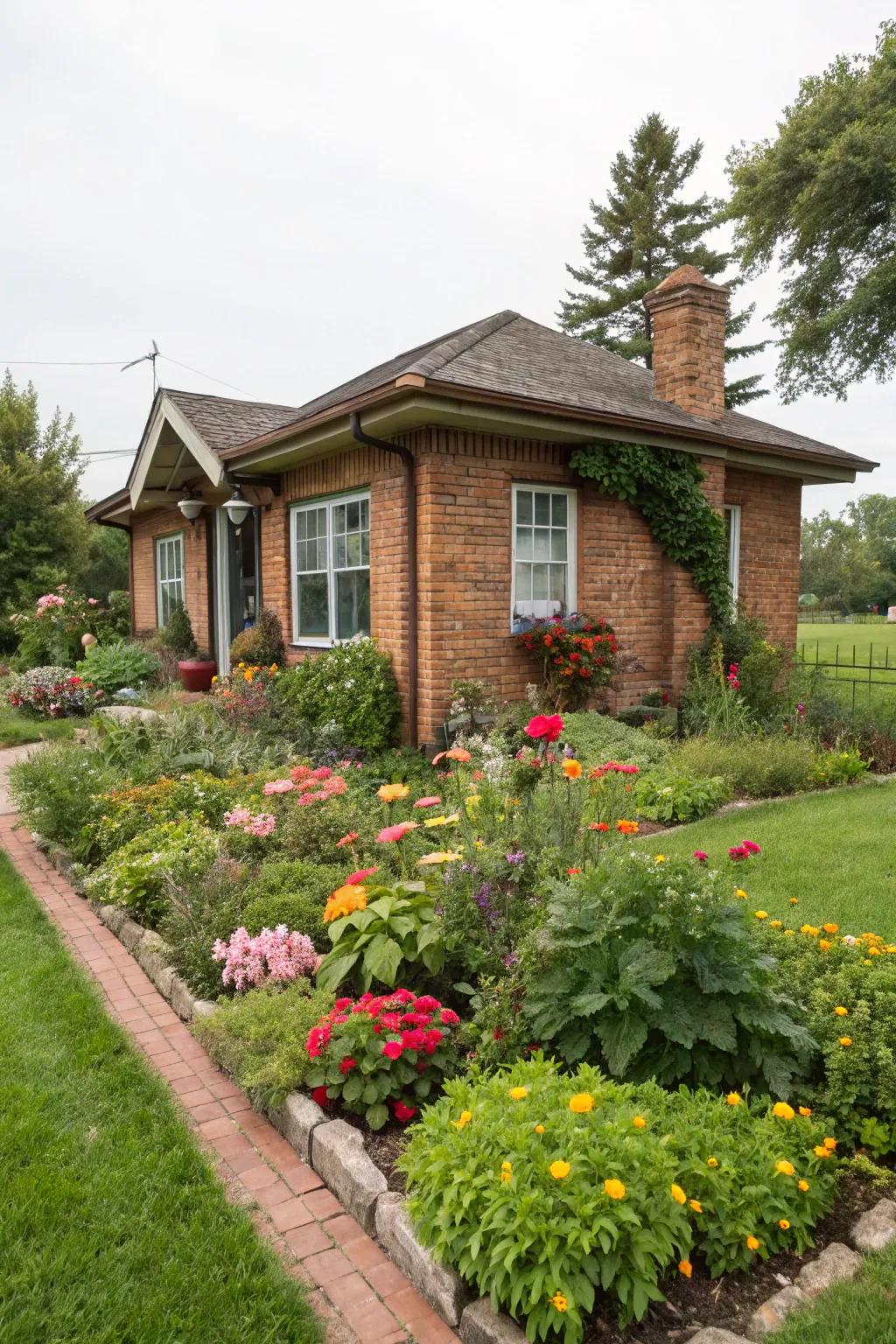 A small brick house surrounded by a vibrant, welcoming garden.