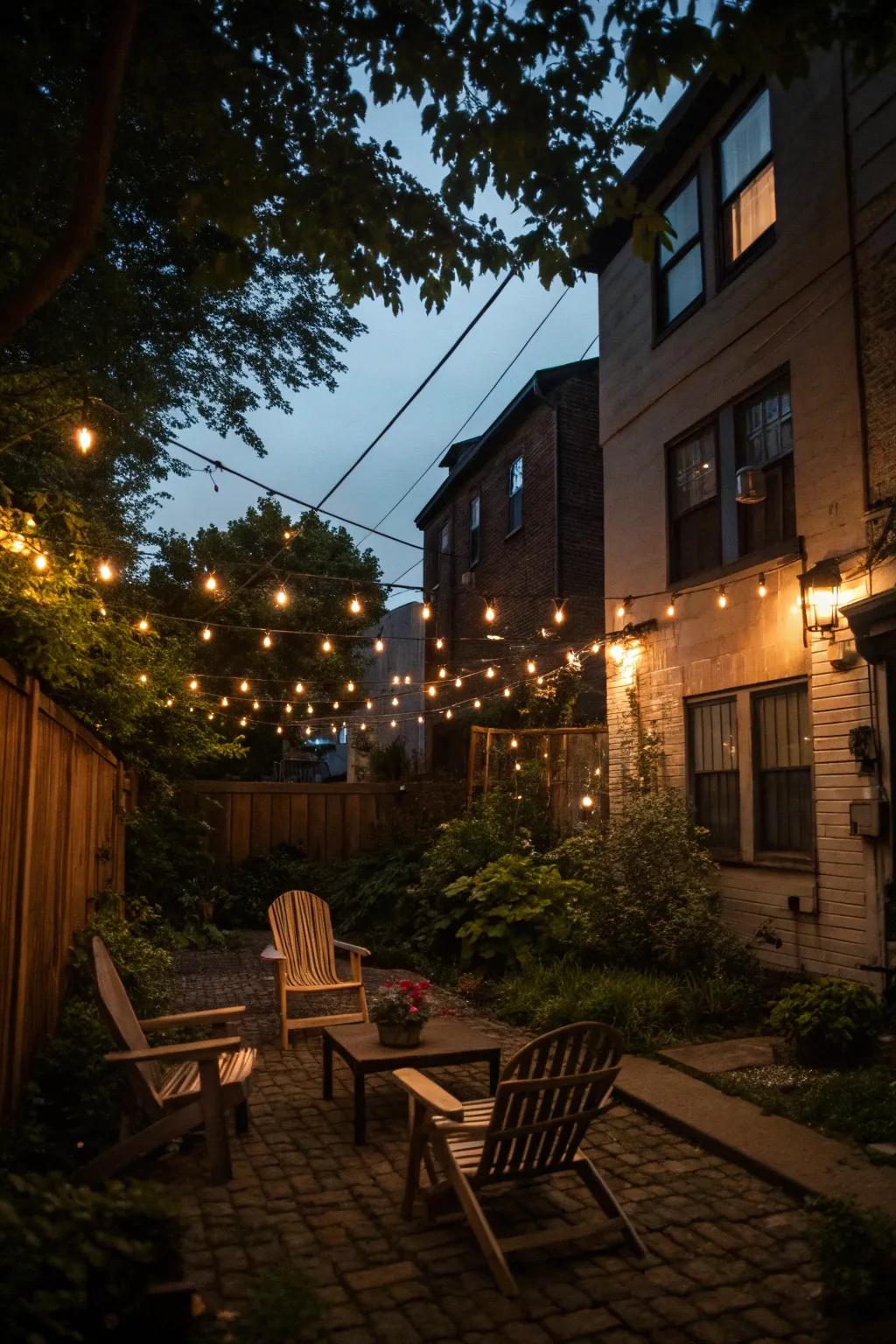 String lights add ambiance and warmth to any backyard setting.