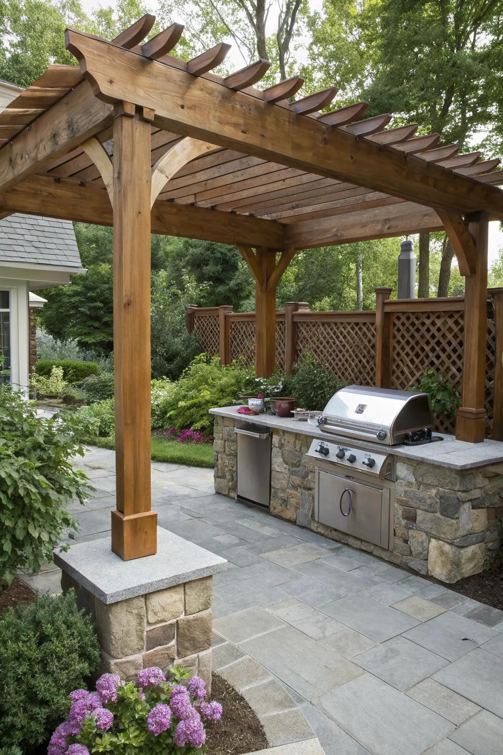 A pergola provides shade and style to your outdoor grill station.