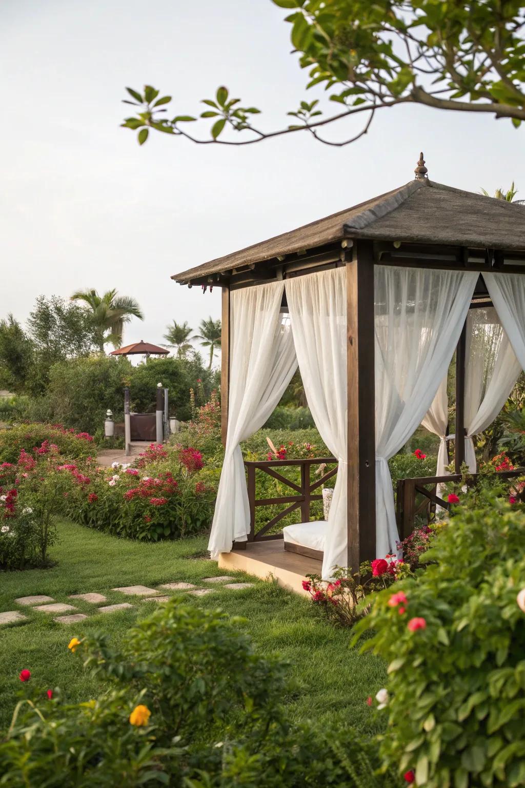 Create a romantic vibe with flowing curtains.