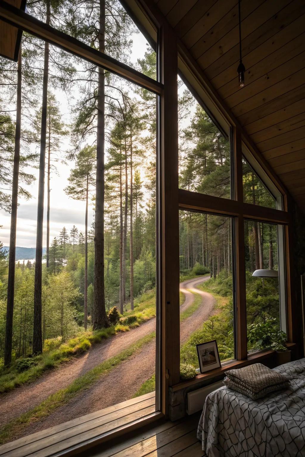 A cabin featuring expansive windows that offer breathtaking views.