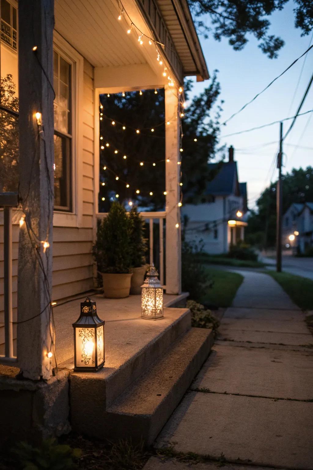 A small concrete porch illuminated by lanterns and string lights at dusk.