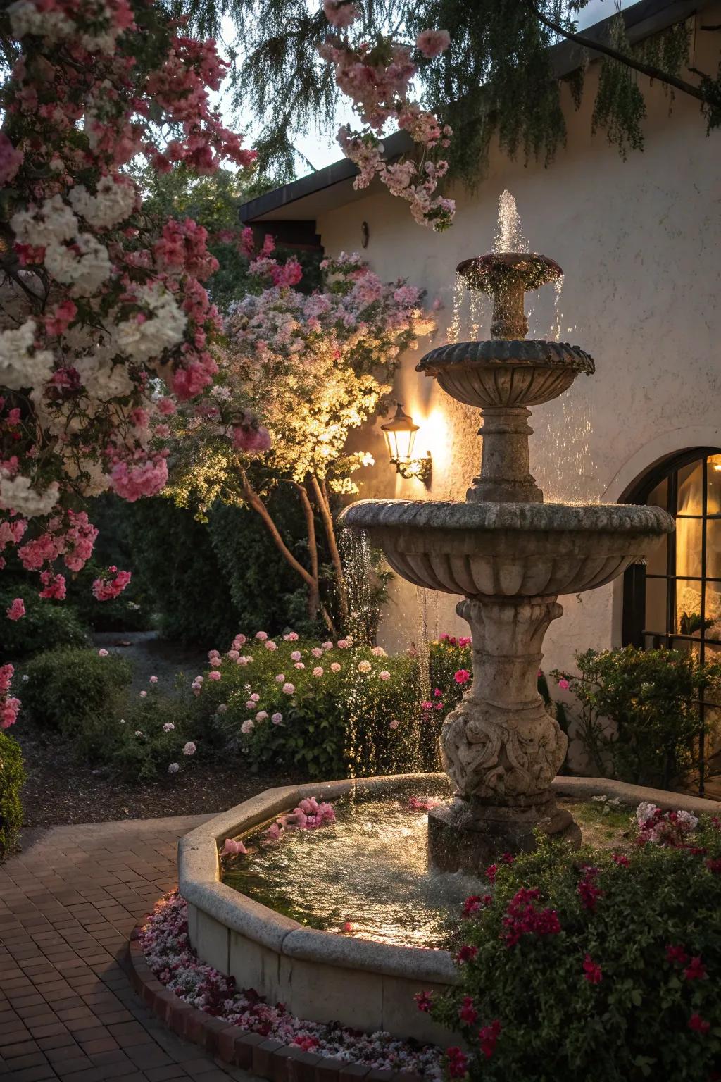 Tiered fountains provide visual interest and a soothing sound.