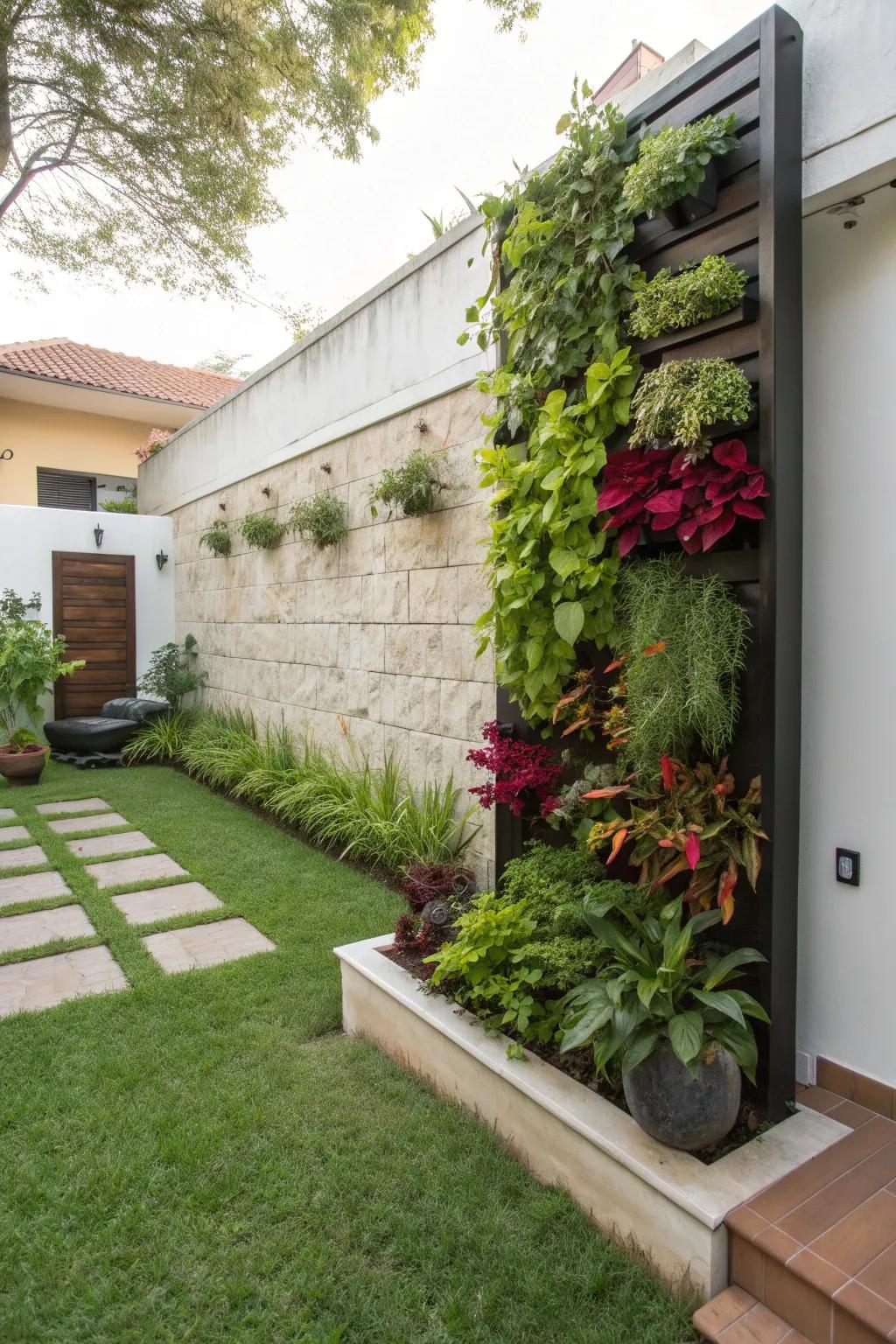 A vertical garden adds depth and color to a small courtyard.