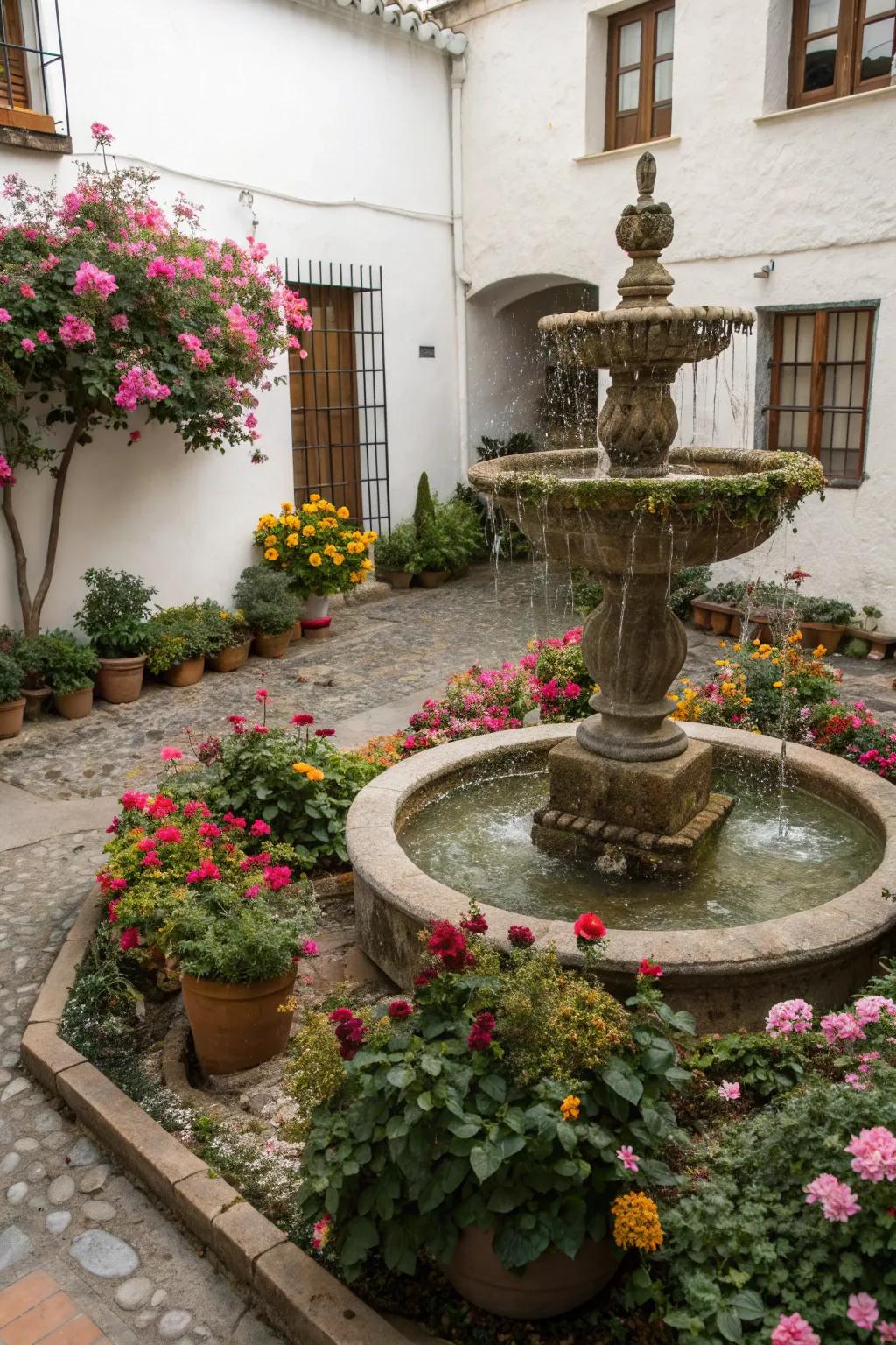 Elegant tiered fountain in a blooming floral courtyard.