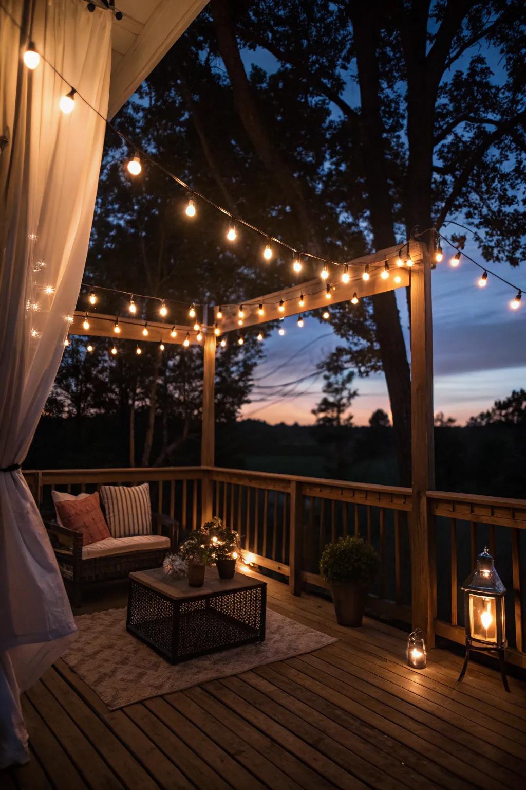 String lights create a magical and cozy ambiance.