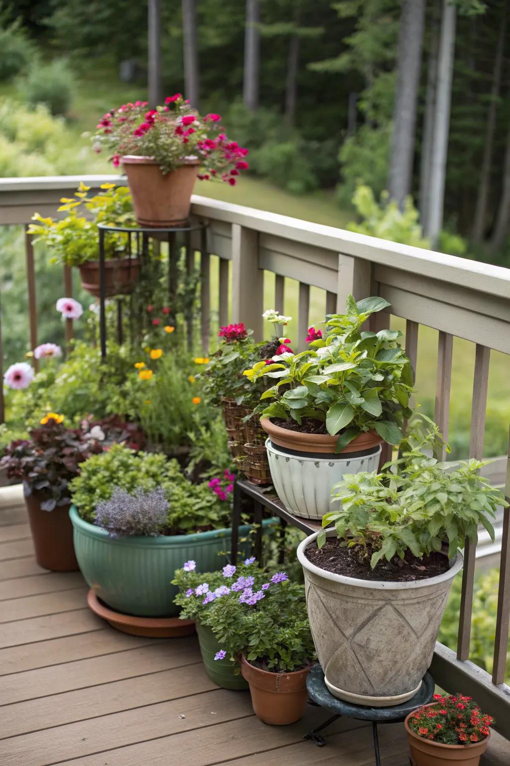 Potted plants breathe life into your deck, offering a vibrant and inviting atmosphere.