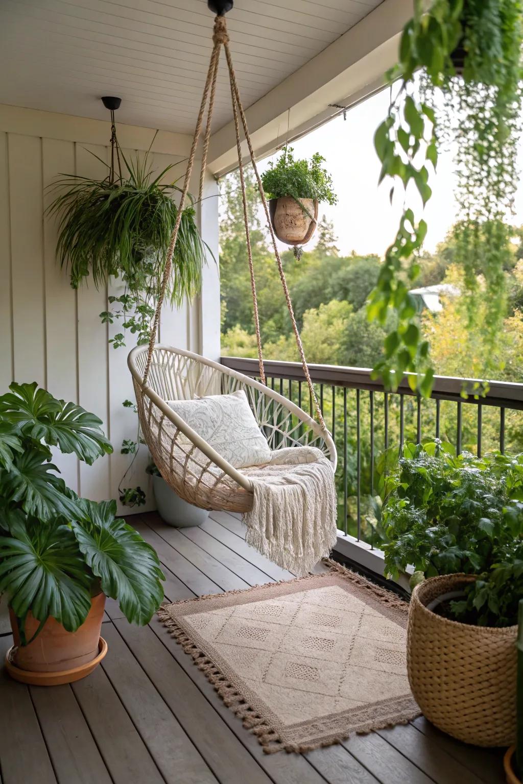 Swinging chairs add charm and comfort to small decks.