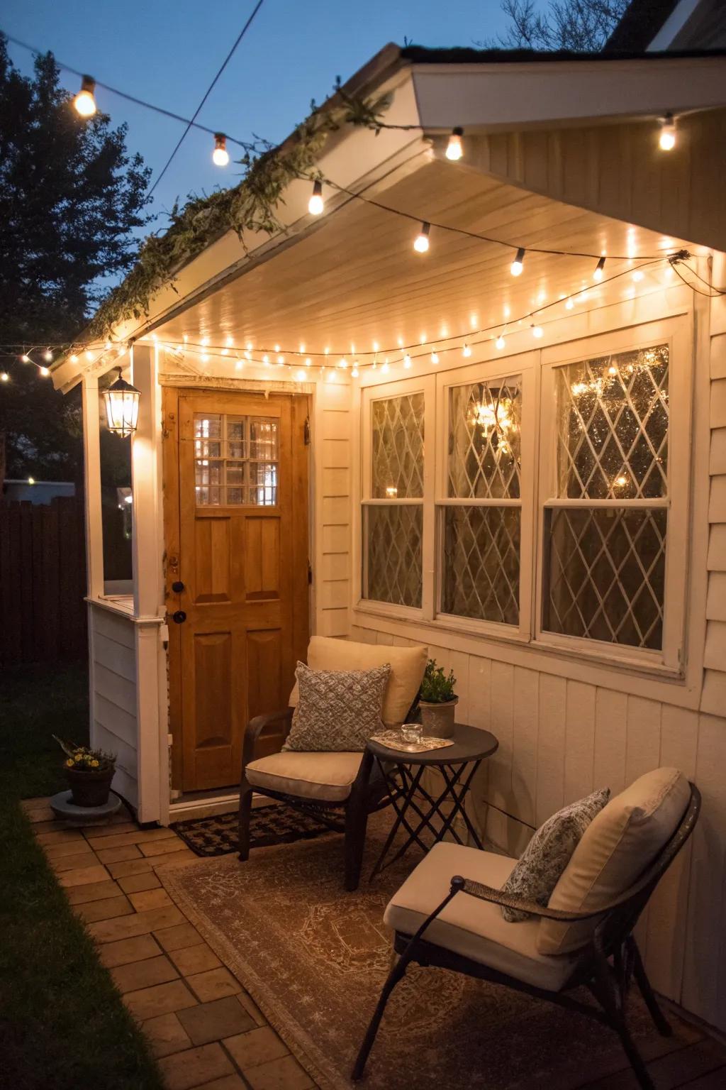 String lights create a cozy atmosphere on this enclosed porch.