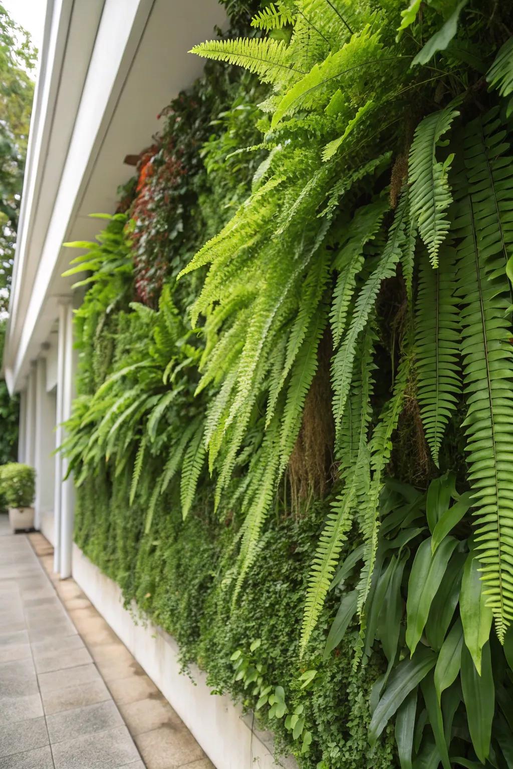A vibrant vertical garden showcasing diverse fern species.