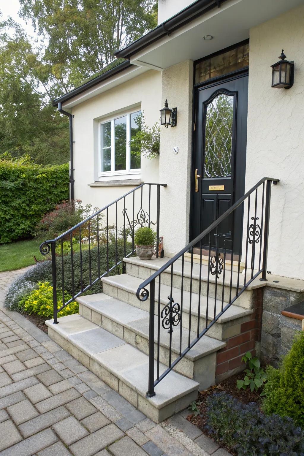 Stylish railings add safety and flair to a small front door step.
