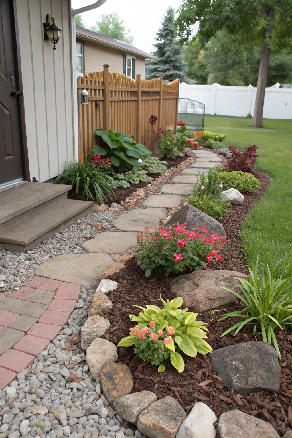 Decorative rocks and mulch beautifully define garden spaces.