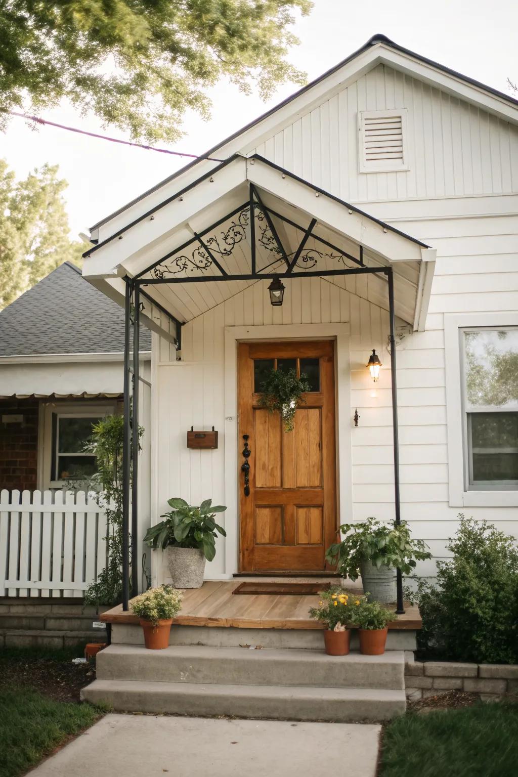 A simple geometric gable awning complements the house's architecture.