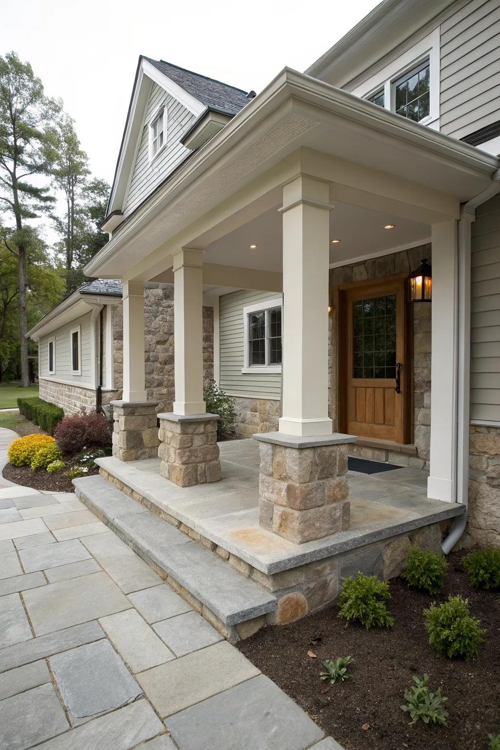 Stone bases on columns lend a sturdy elegance to this small porch.