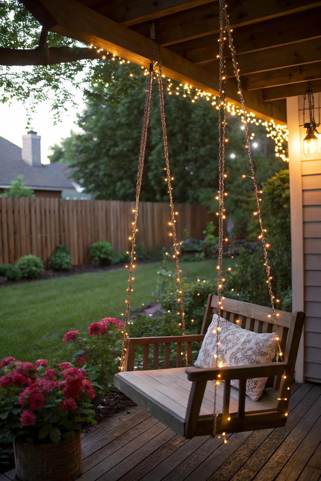Fairy lights create a magical evening retreat.