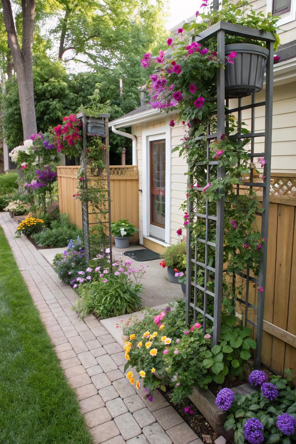 Vertical planters bring depth and height to a compact front yard garden.