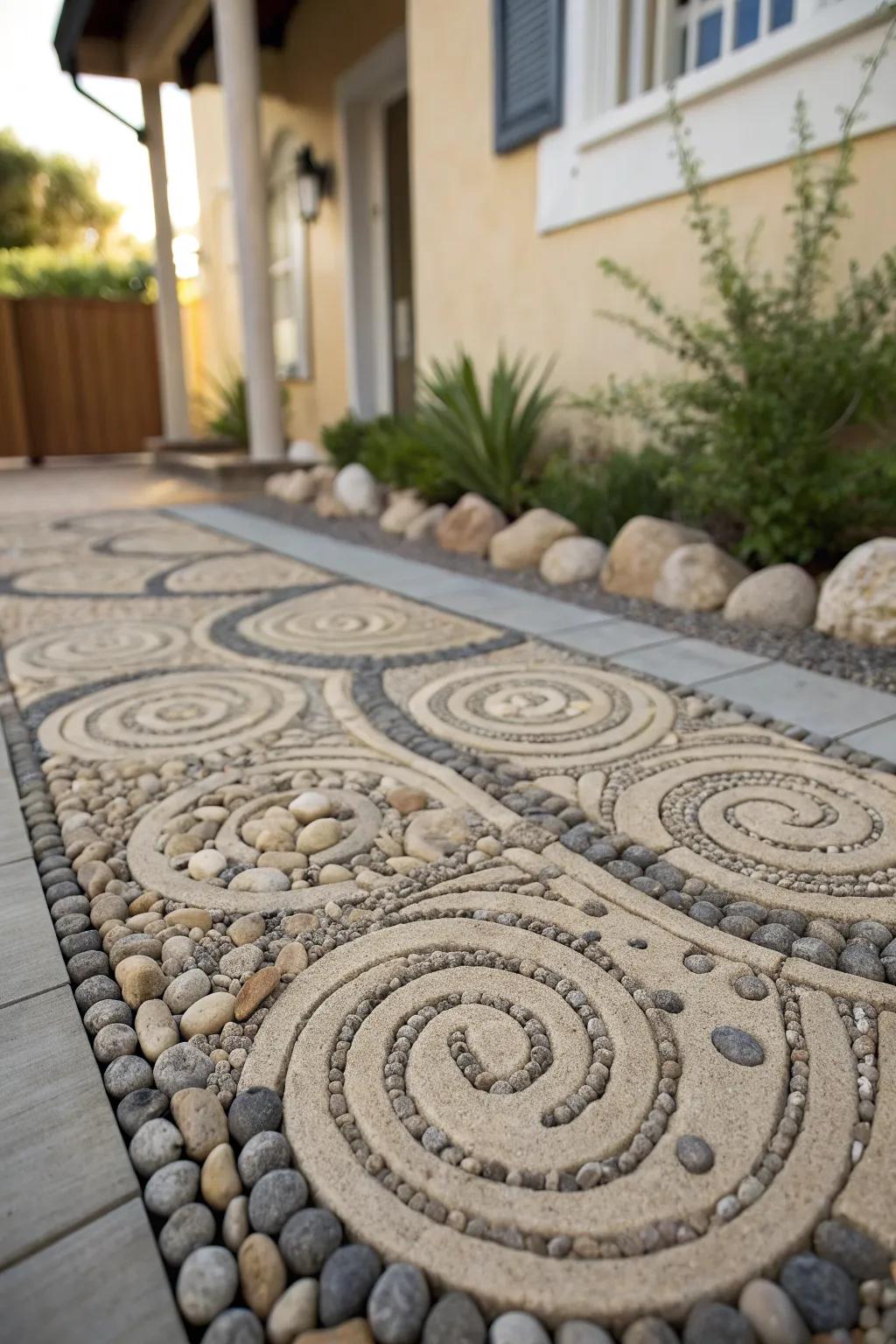 Pebble designs bring an artistic touch to your front yard landscape.