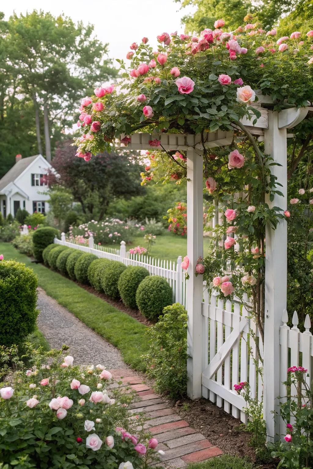 A trellis covered in climbing roses adding vertical interest to a small garden.