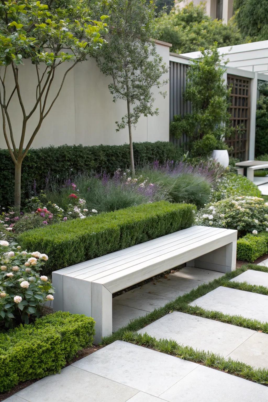 Sleek modern bench in a minimalist garden landscape.