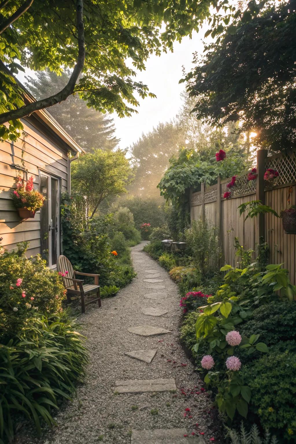 Gravel and plants enhance the garden pathway.