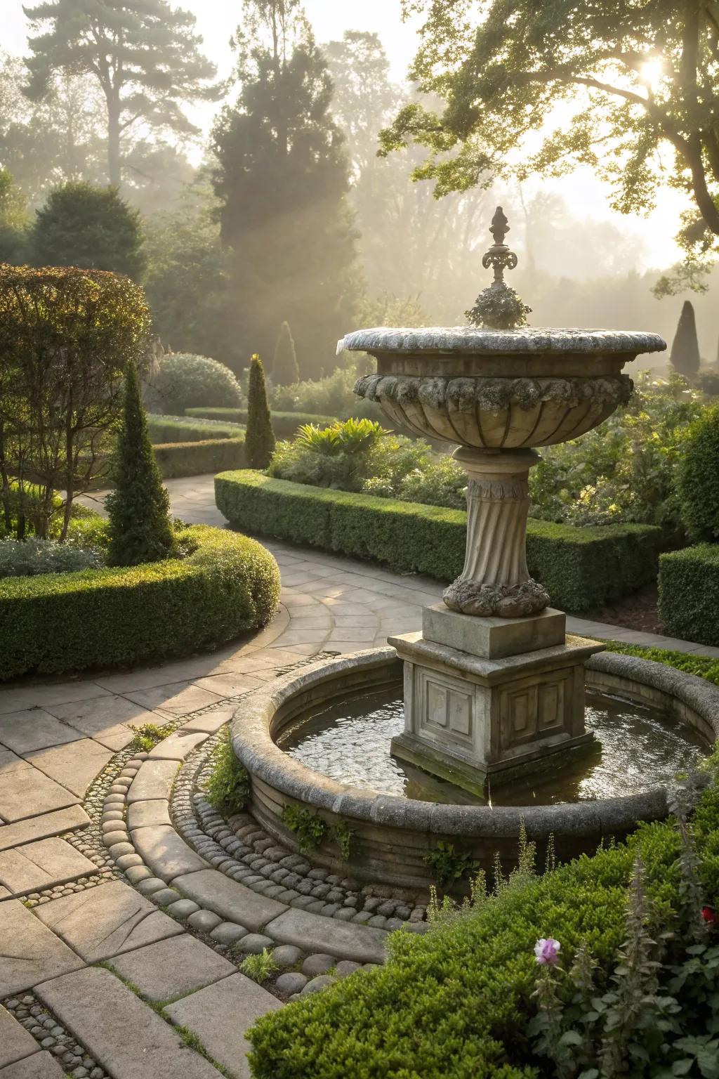 A classic urn fountain adds a stately touch.