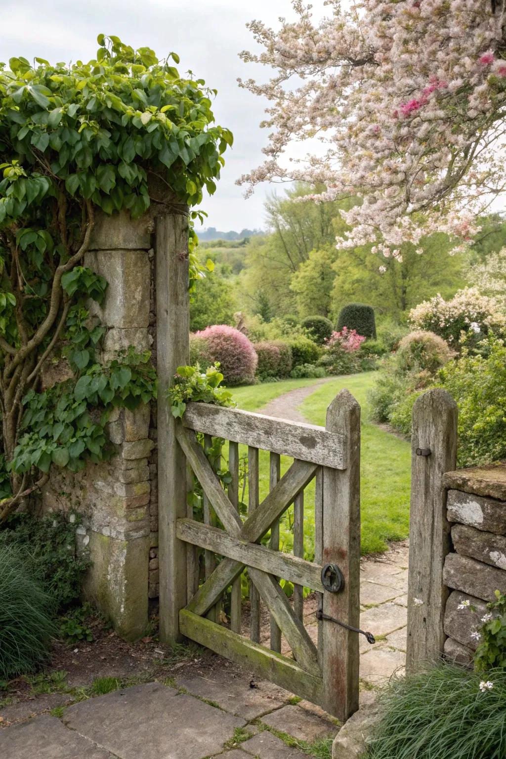 A rustic wooden gate for a charming garden entrance.