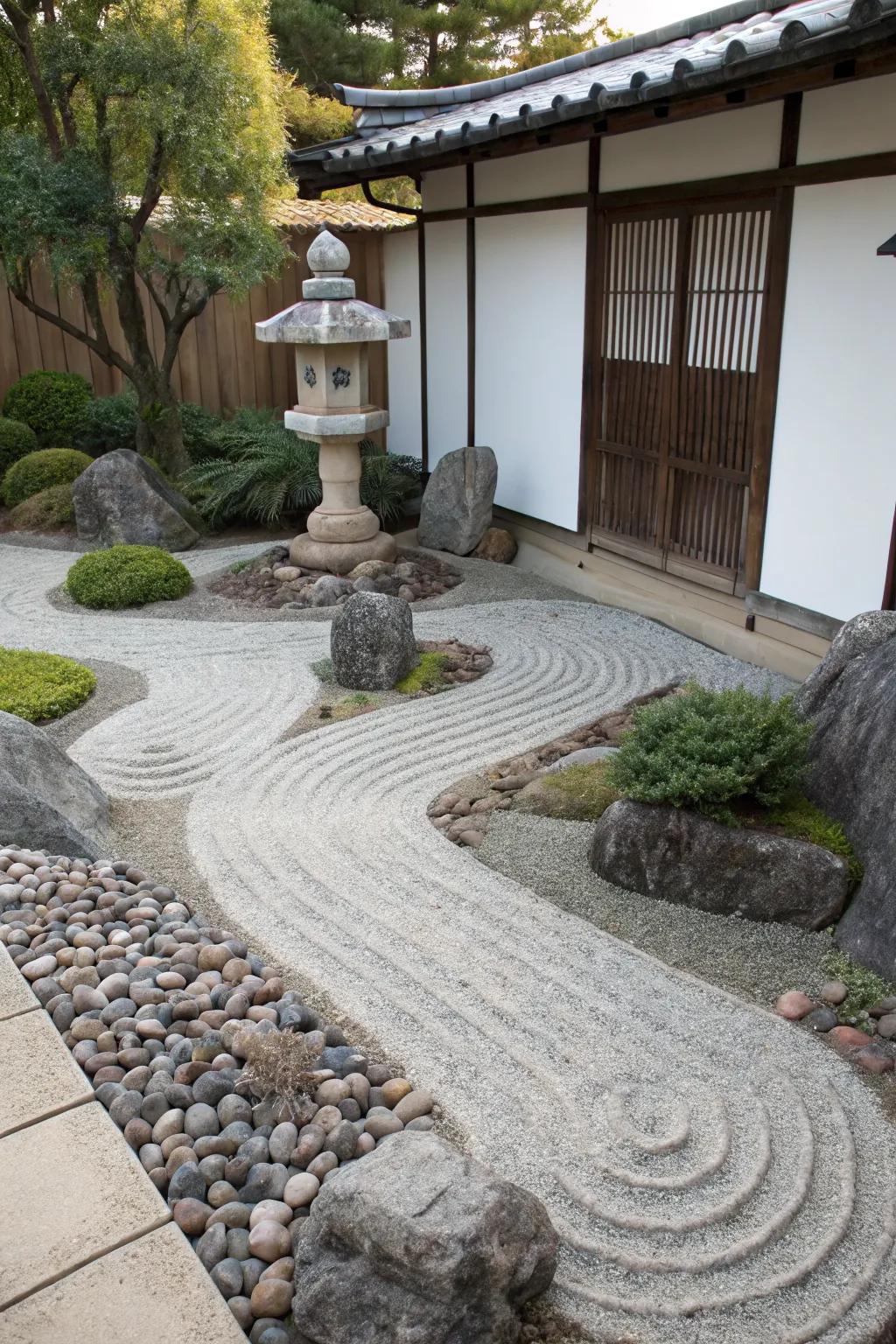 A raked gravel garden offers a peaceful retreat in a small space.