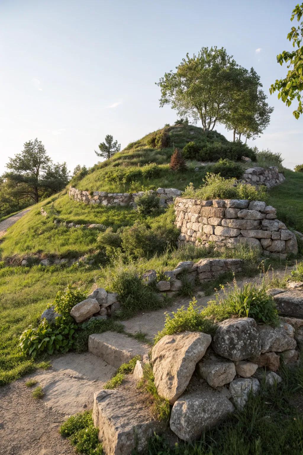 Stone features add rustic charm to your hillside.