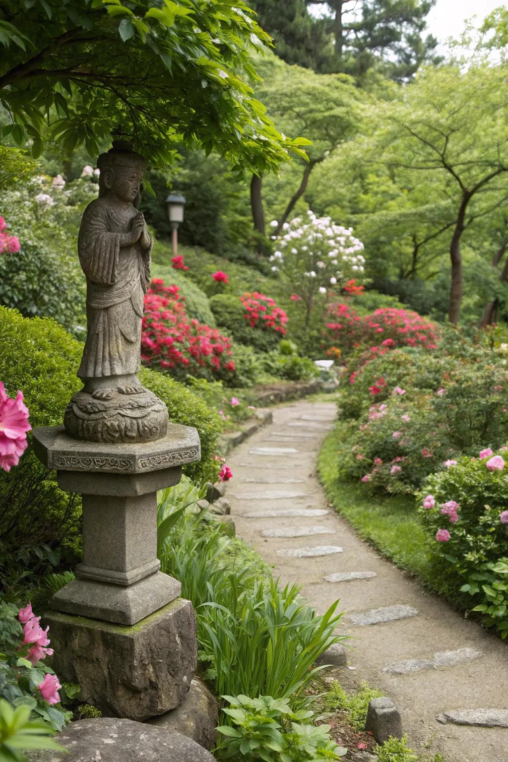 A small stone statue nestled in a lush garden setting.