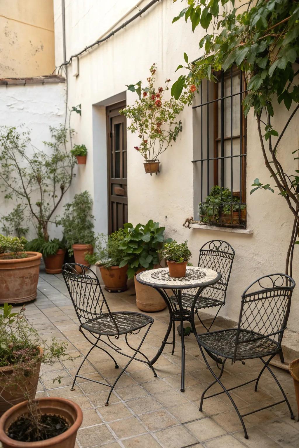 Wrought iron furniture setting the scene on a small patio.