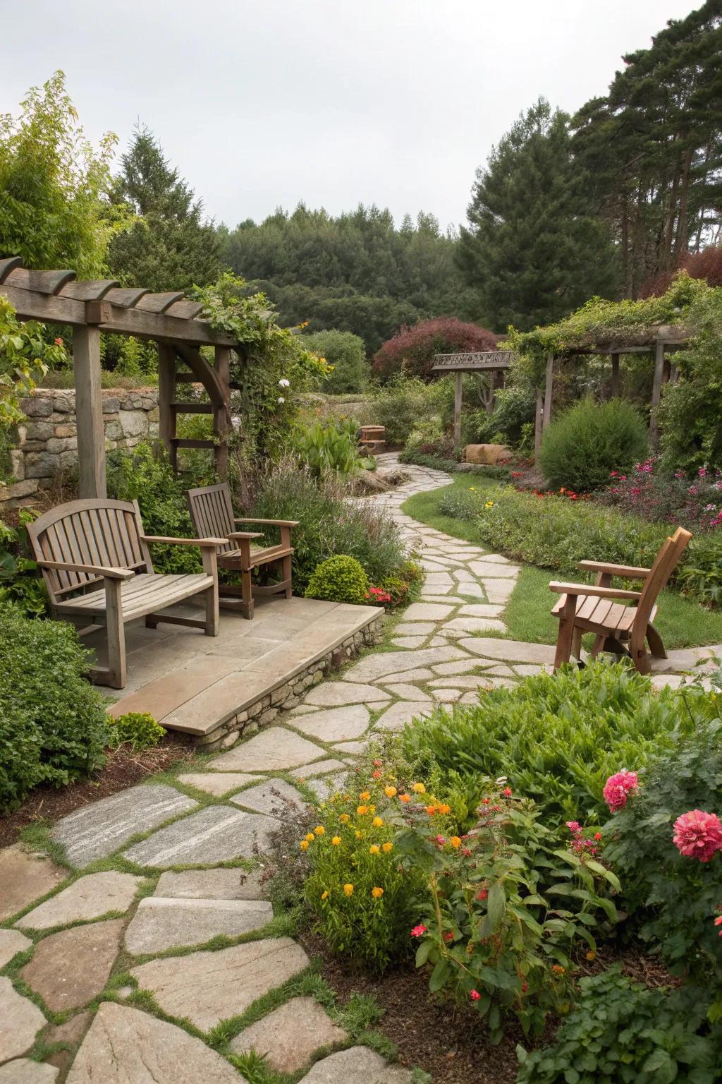 Stone paths and wooden seats create a structured garden.