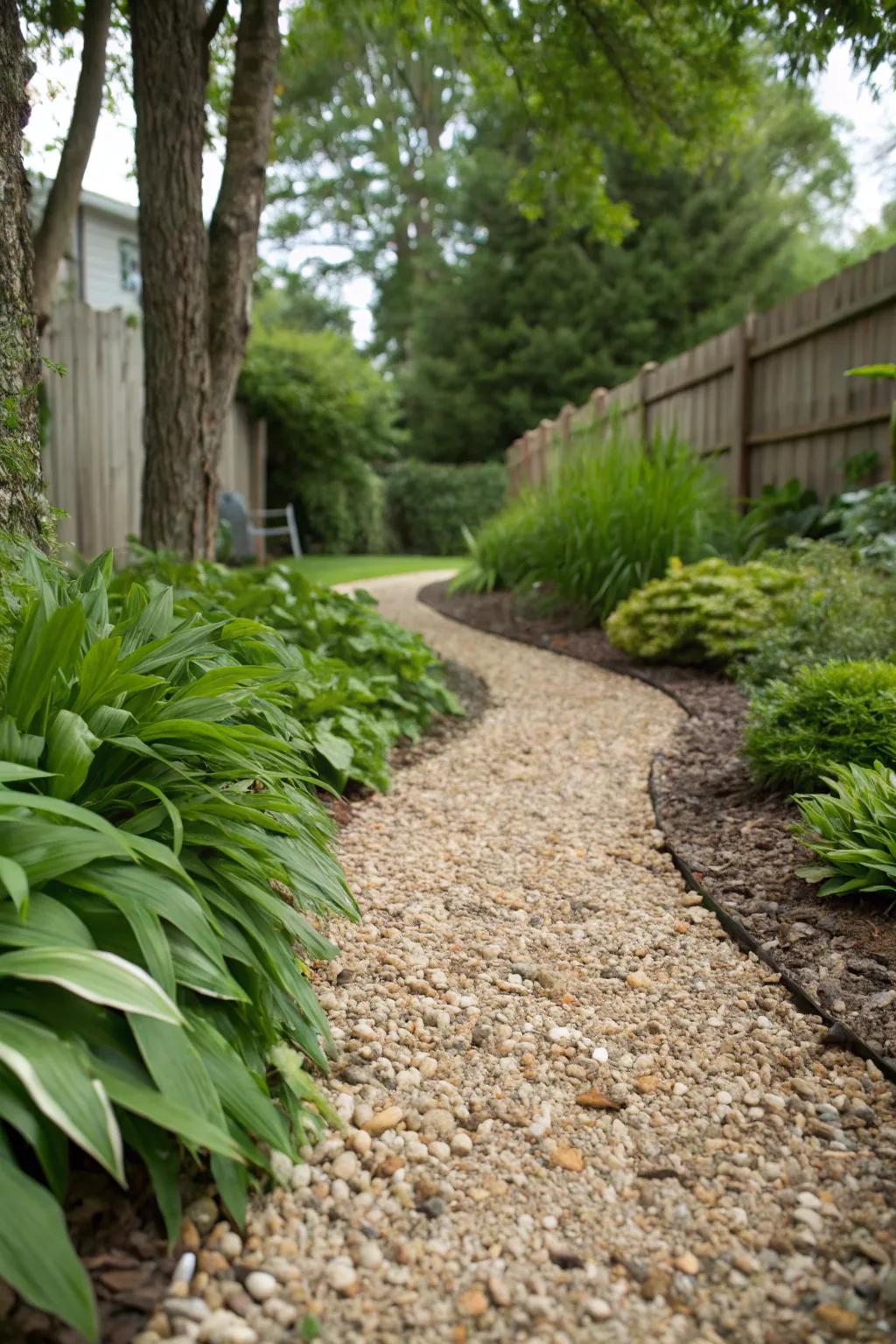 A textured gravel and pebble path flanked by greenery.