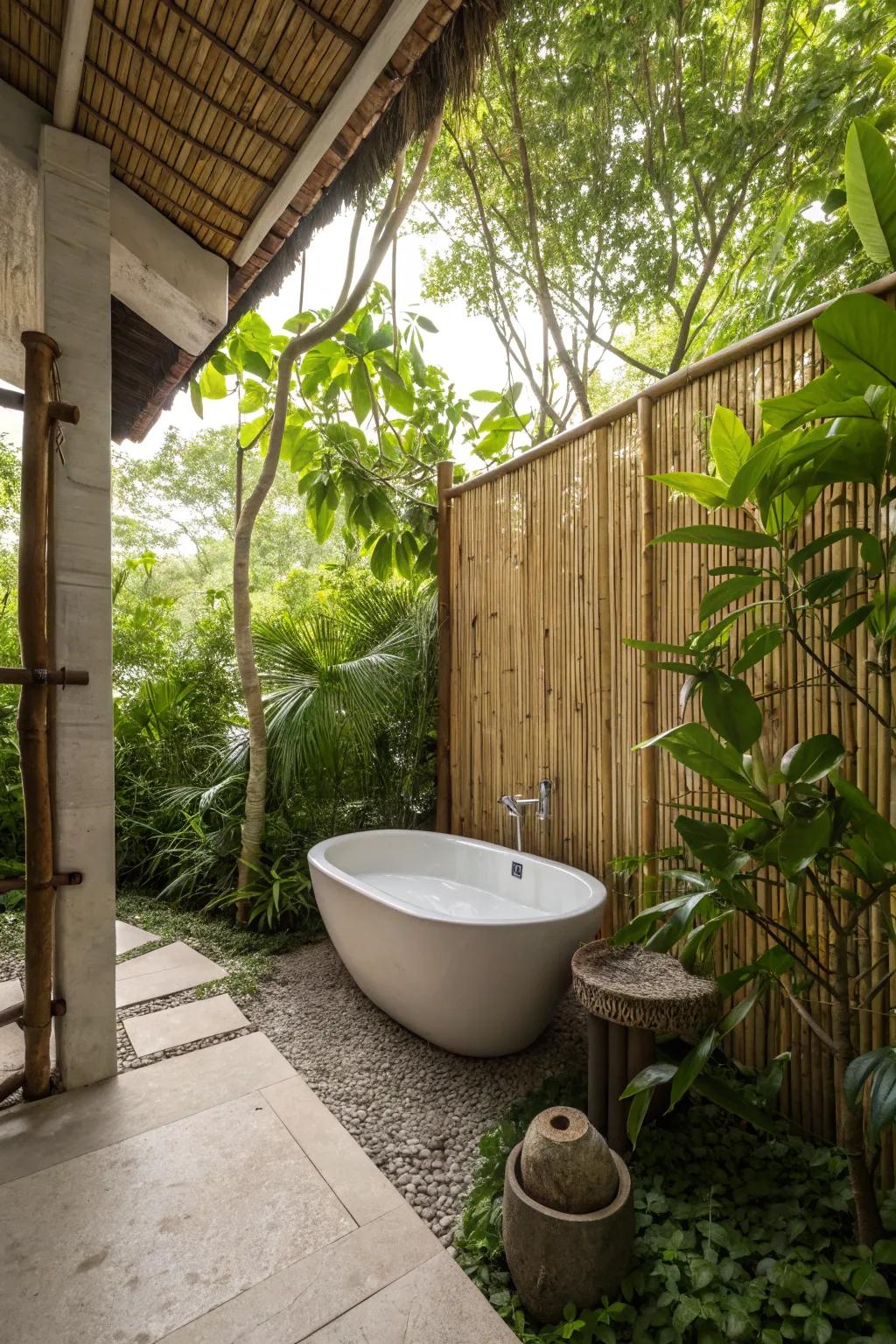 Bamboo screens offer privacy and a tropical aesthetic.