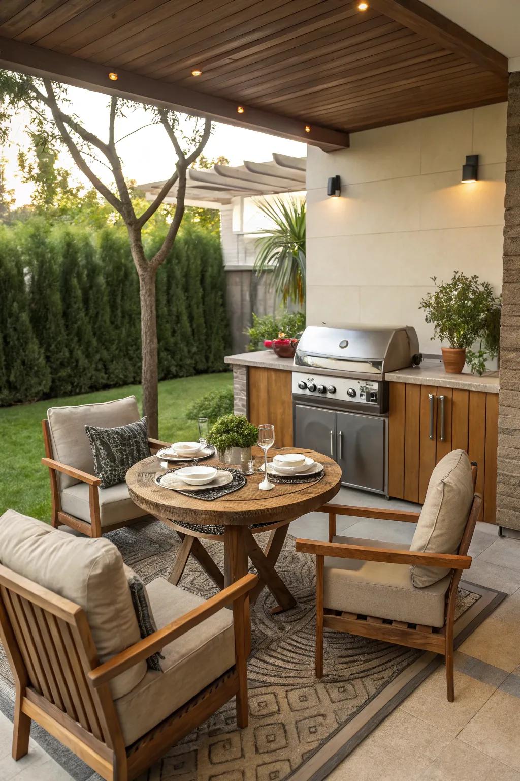 A cozy seating arrangement next to a BBQ grill, perfect for intimate gatherings.