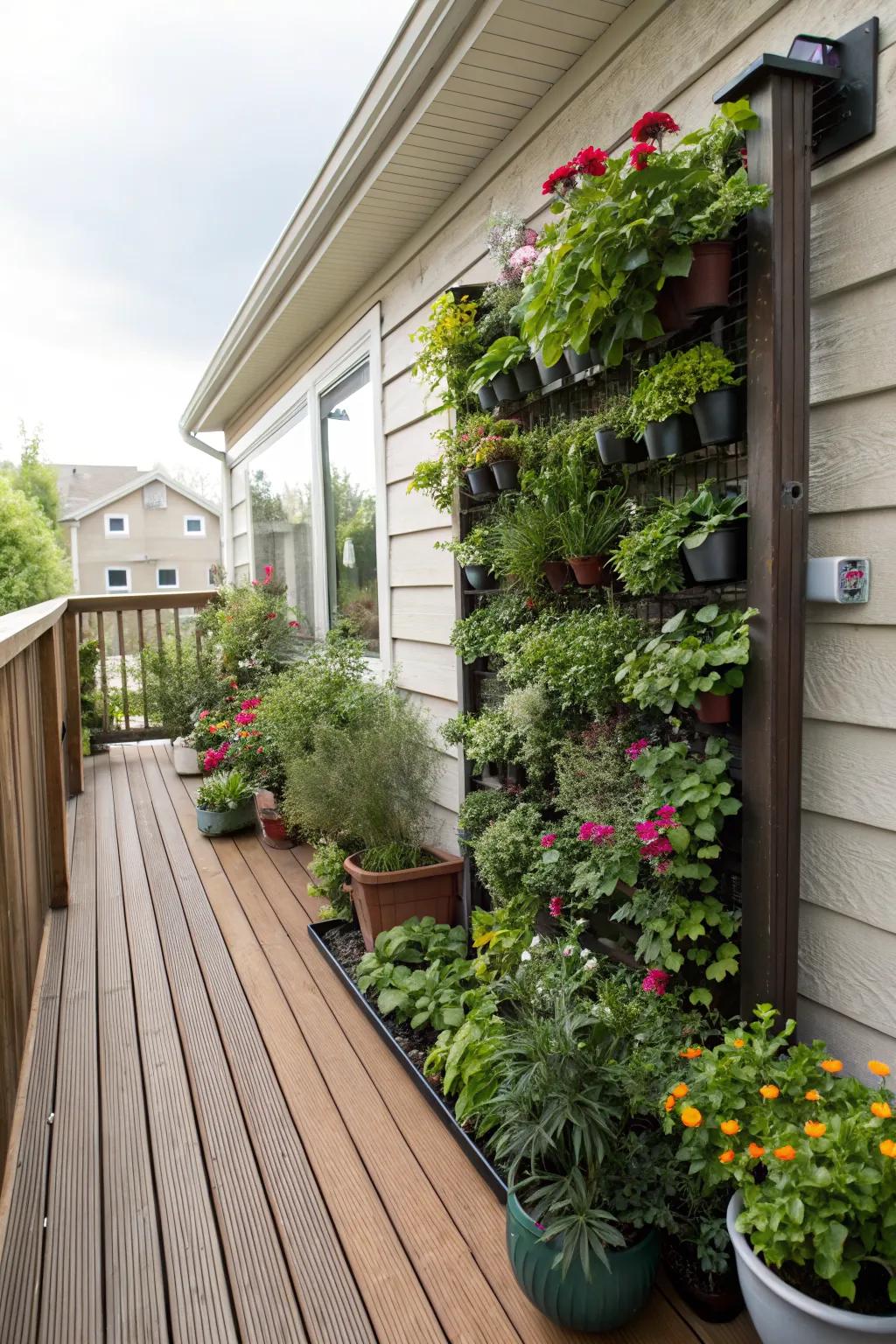 A vibrant collection of greenery on a small deck.