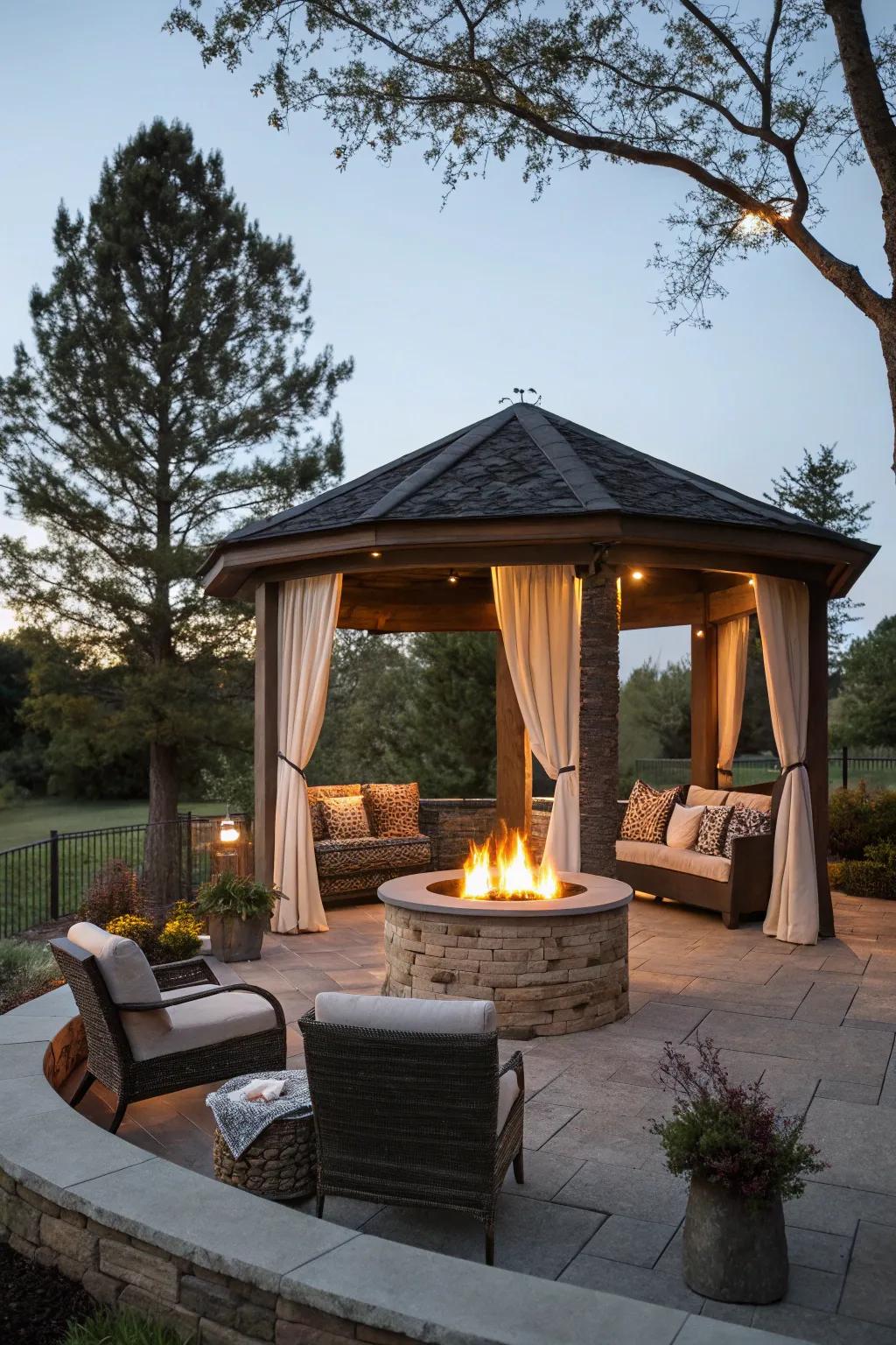 A cozy pavilion with a central fire pit, perfect for chilly evenings.