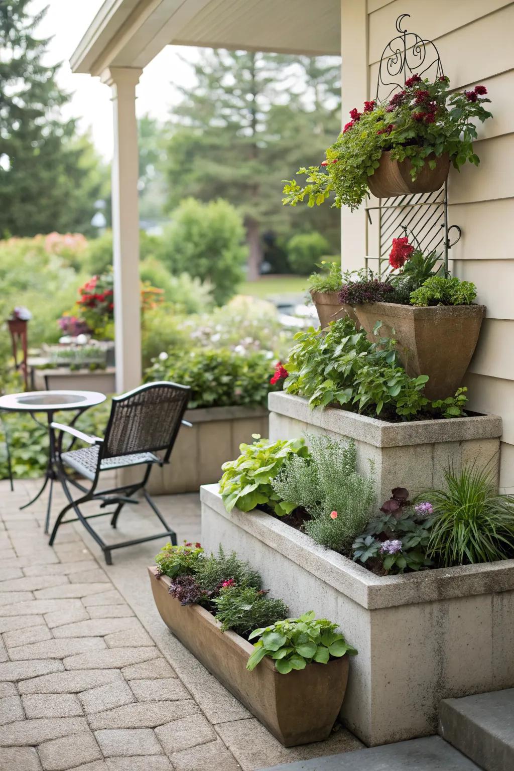 Tiered gardens make a small space feel larger and more dynamic.