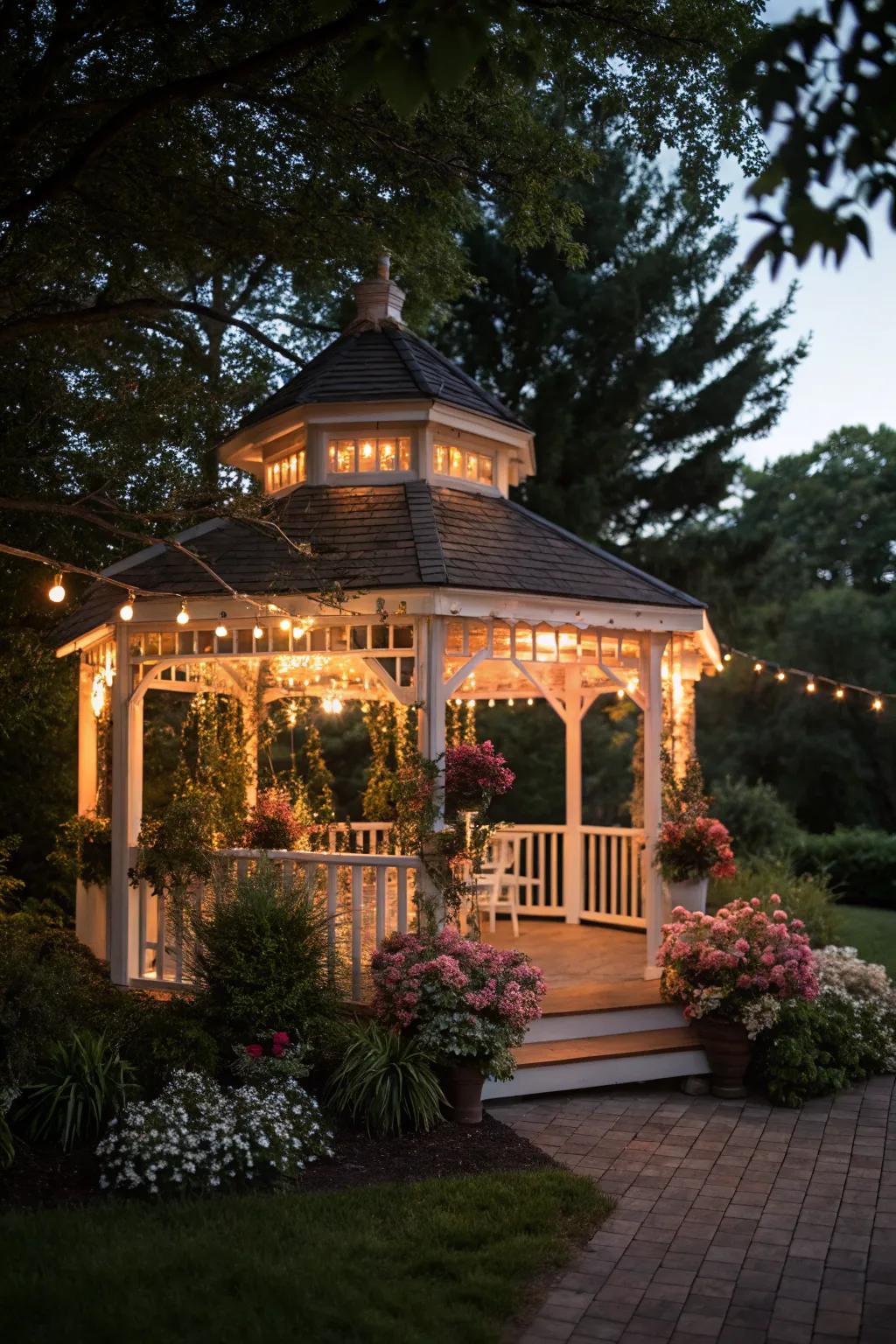 String lights illuminating a small patio gazebo.