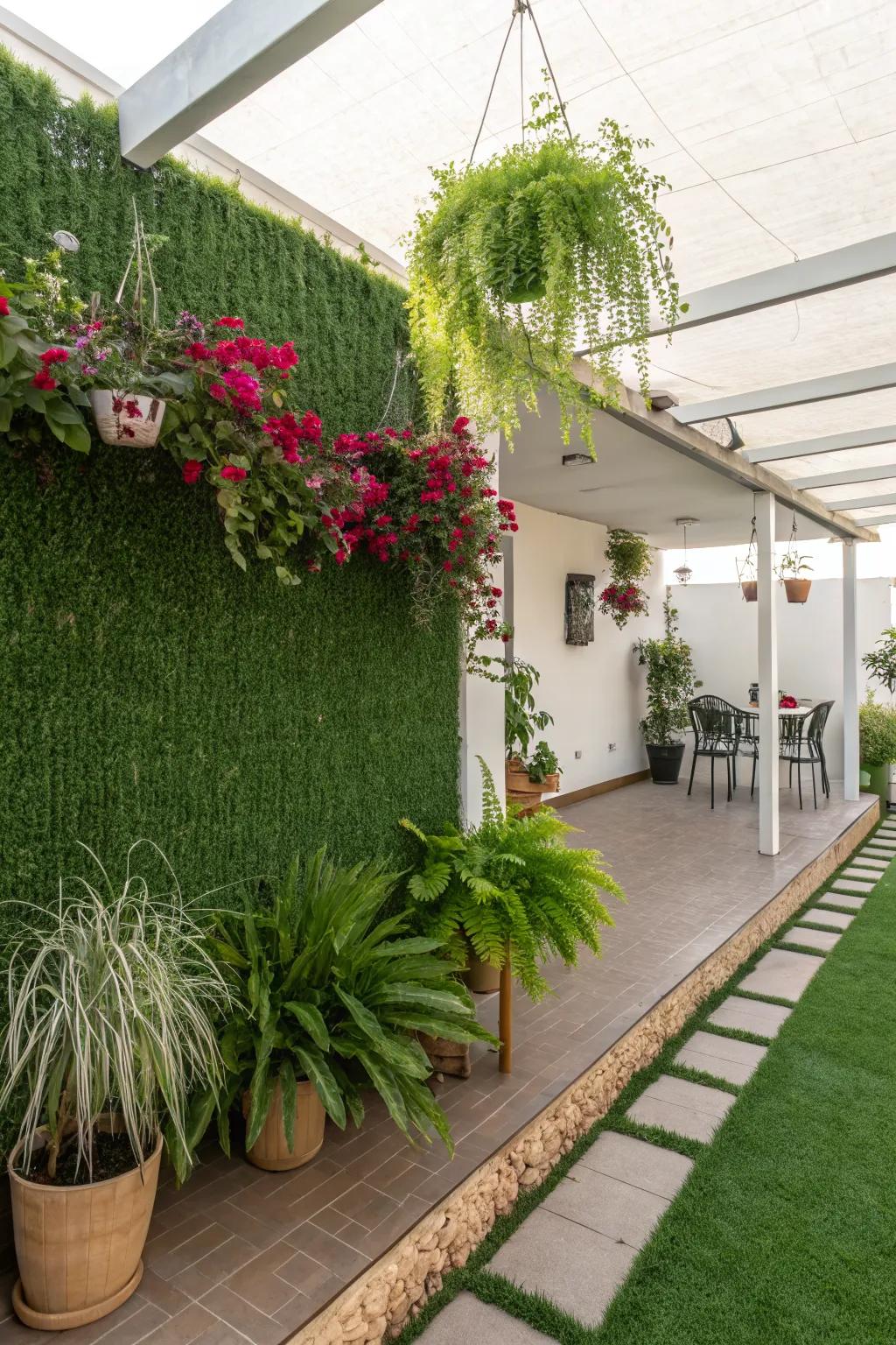 A vertical garden wall transforms a small patio.