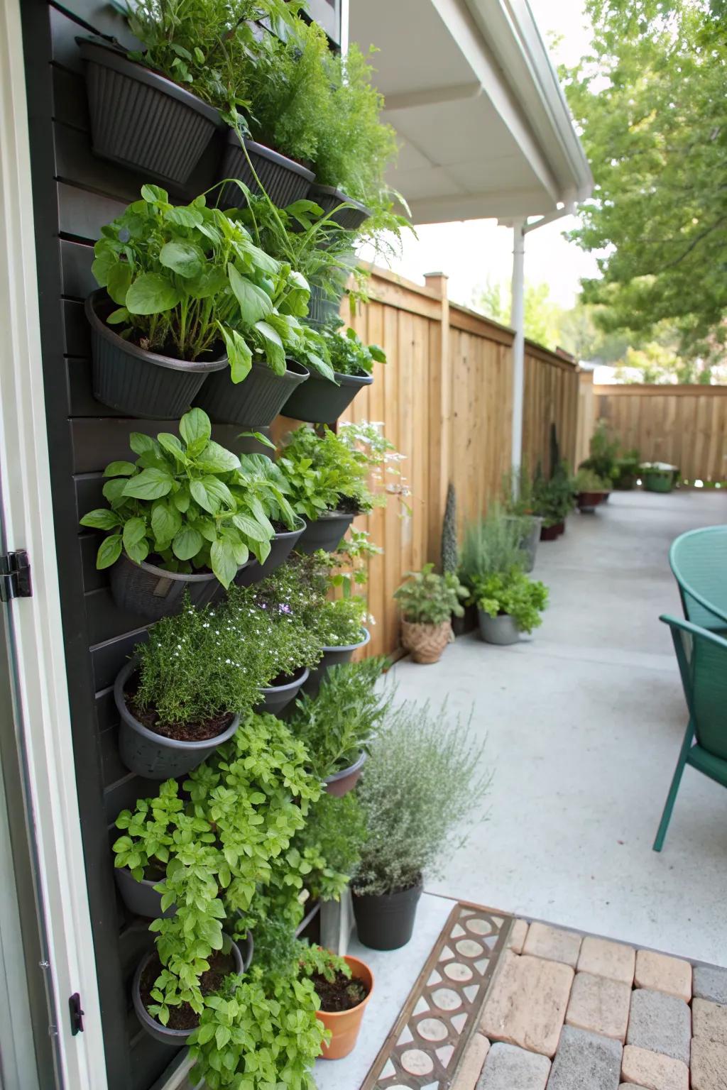 A vibrant vertical herb garden embellishing a patio wall.