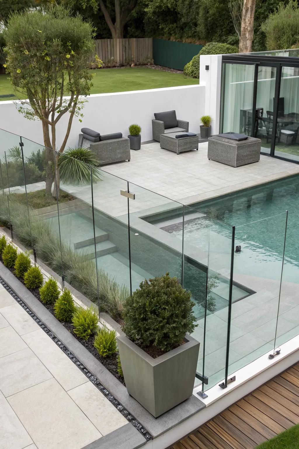 A modern touch with glass fencing around a small patio pool.