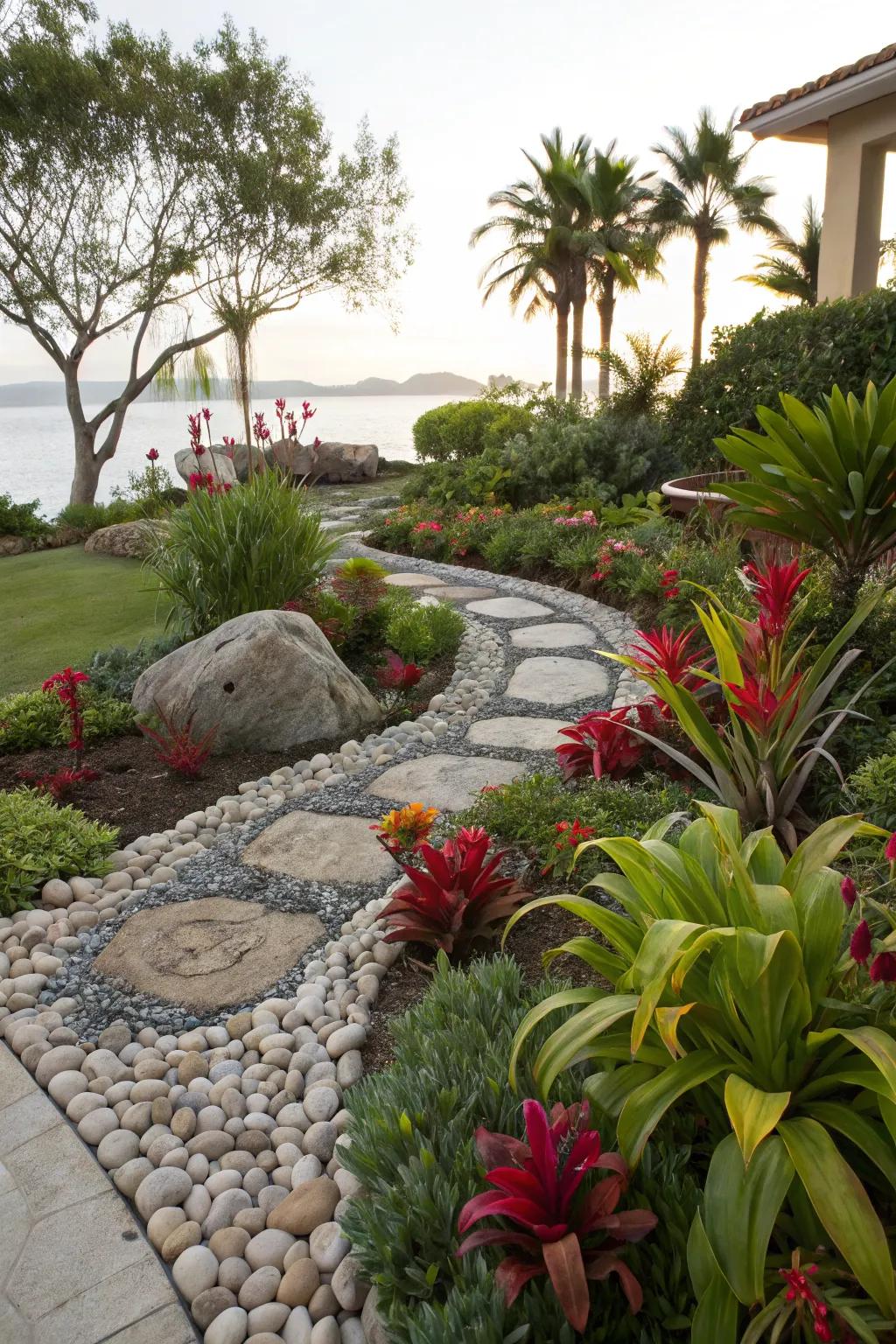Integrate pebbles with lush greenery for a vibrant garden display.
