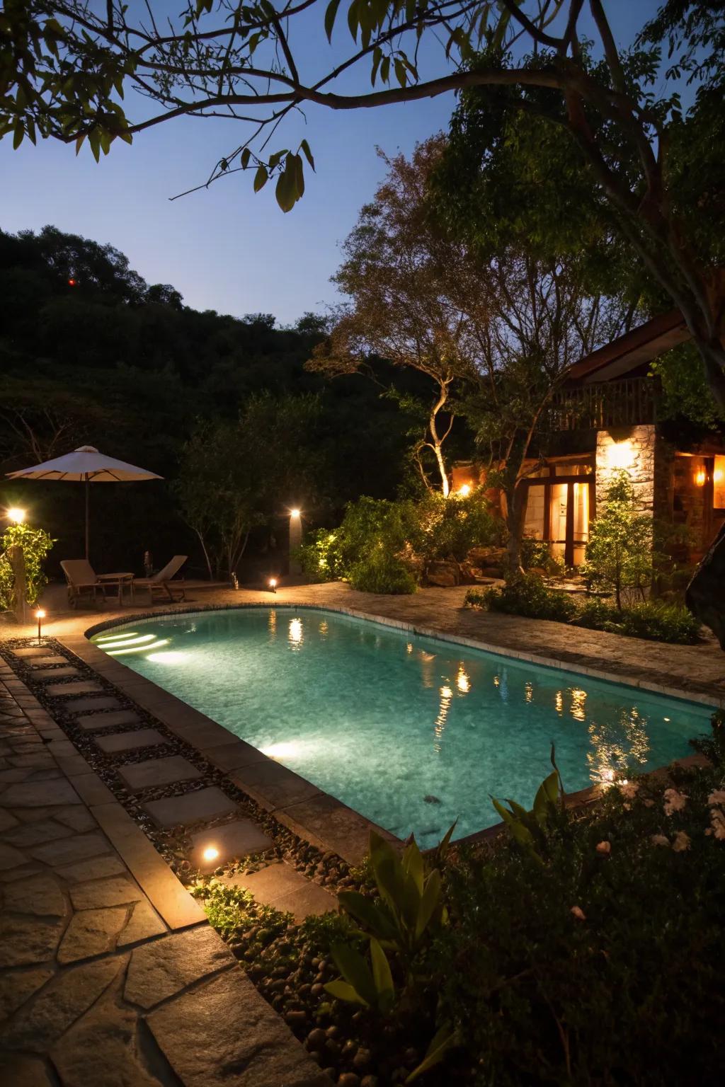 Ambient lighting setting a magical mood around a small pool.