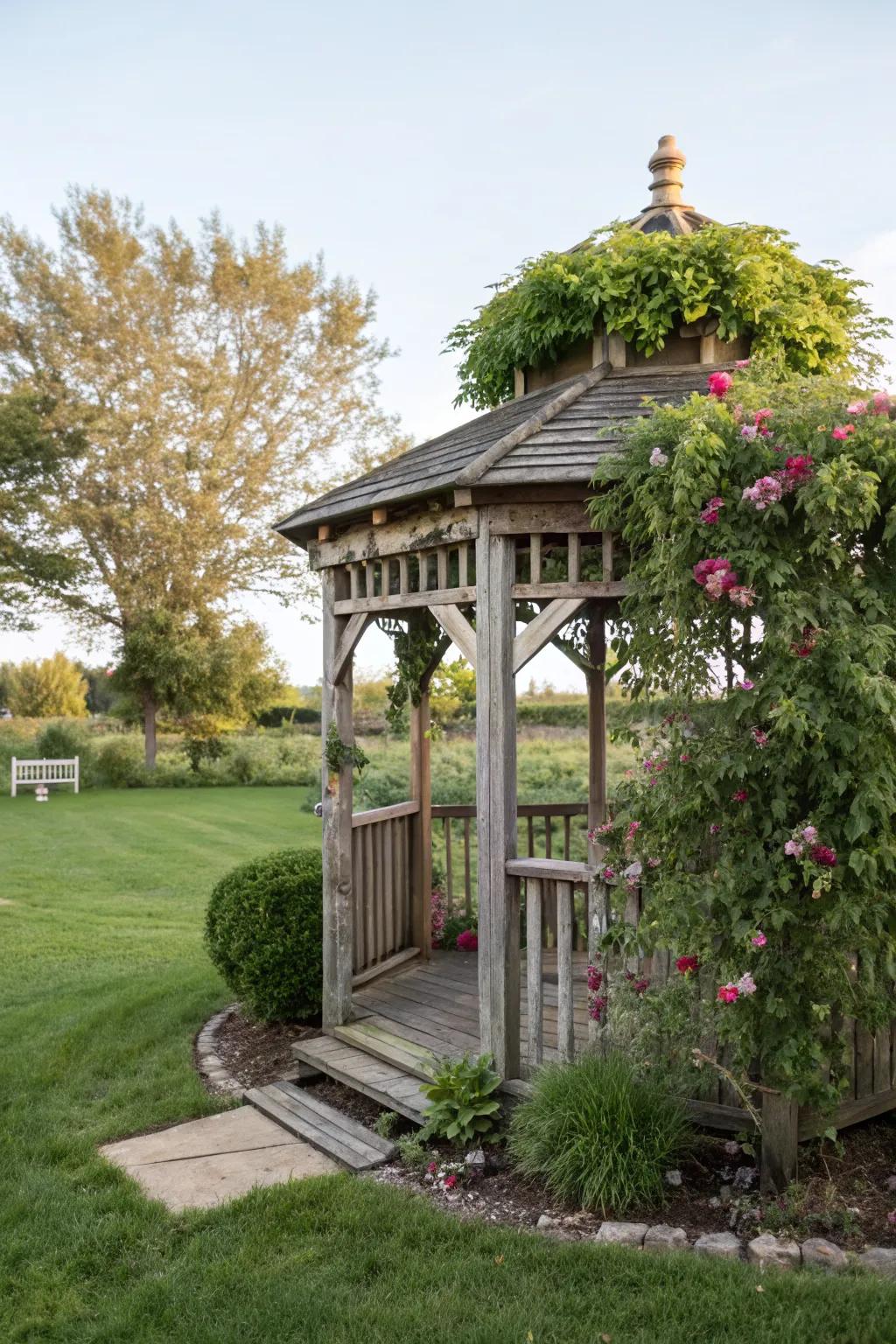 A cozy gazebo offers a perfect spot for reflection.