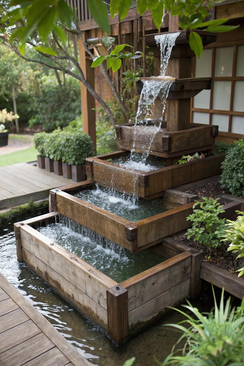 A dynamic wooden tiered pond with cascading water.