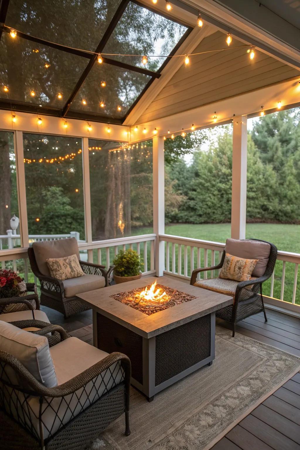 A fire pit table offers warmth and function in this charming porch.
